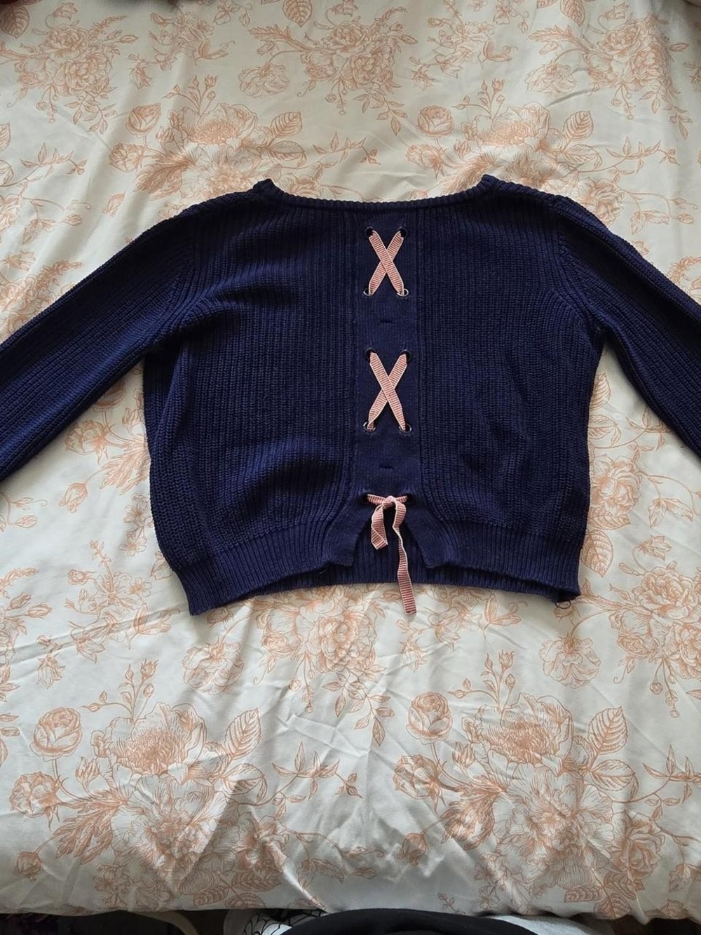 dip Navy Sweater with Pink Ribbon Back Detail